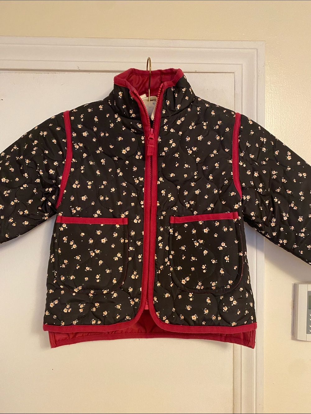 Girls Quilted Floral Puffer Jacket in Black with Red Trim